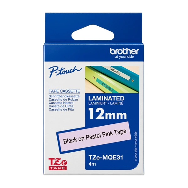 Brother TZe-MQE31 護貝標籤帶 粉底黑字 12mm